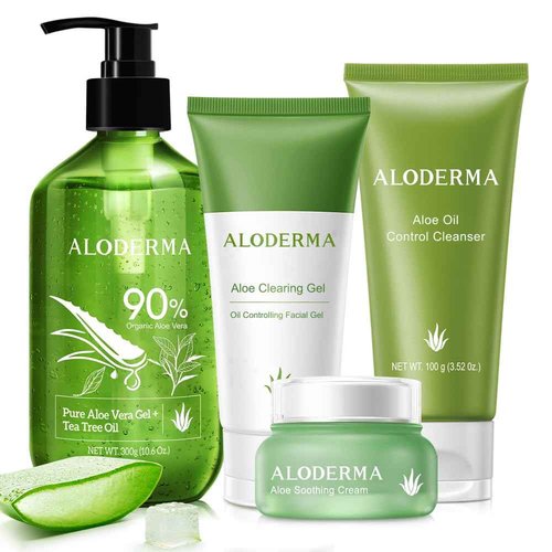 Aloderma Aloe Clearing Set - 5 Pieces - Cleanser, Soothing Cream, Aloe Vera Gel with Tea Tree Oil and Aloe Clearing Gel x2pcs