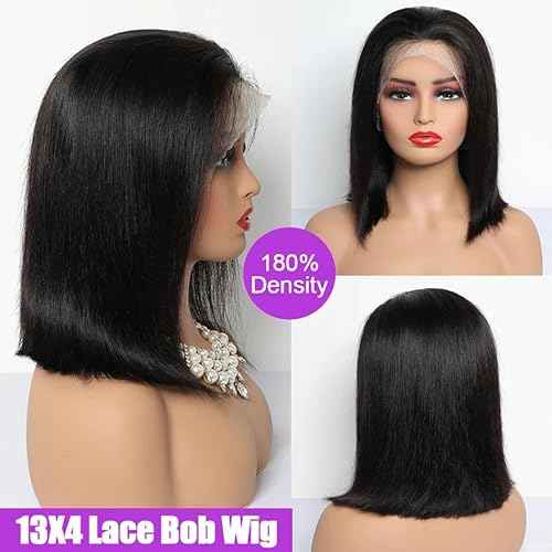 Bob Wig Human Hair 180% Density 13x4 HD Transparent Lace Front Wigs Human Hair Pre Plucked Short Bob Glueless Straight Wigs Human Hair for Women Natural Black 12 Inch