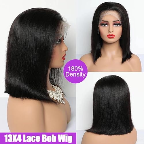 Bob Wig Human Hair 180% Density 13x4 HD Transparent Lace Front Wigs Human Hair Pre Plucked Short Bob Glueless Straight Wigs Human Hair for Women Natural Black 16 Inch
