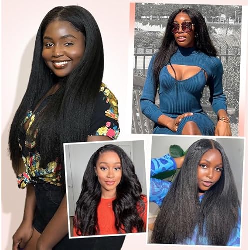 WIGER Kinky Straight U Part Wigs Human Hair Half Wig Natural Color Glueless Thin Leave Out Curly Hair 200% Density 16 Inch kinky Curly Clip in Wigs for Black Women Wear And Go Wig
