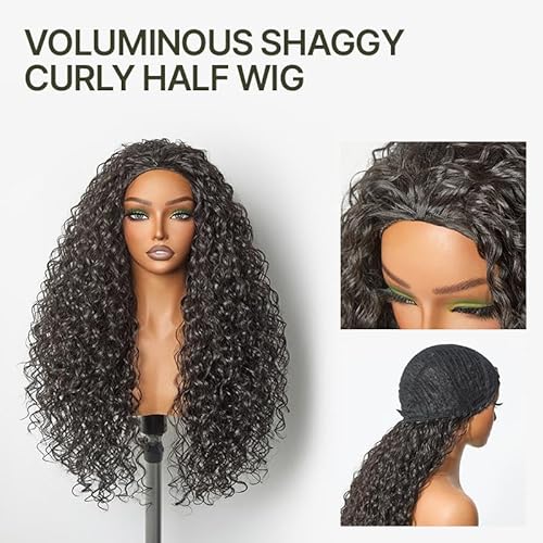 Frodio Curly Half Wig 26 Inches Veralux¢â Fiber Blend Human Hair 3 in 1 Shaggy Waves Flip Over Drawstring Wig 200% Density Glueless Wigs Natural Black Ready to Go Headband Wig for Women
