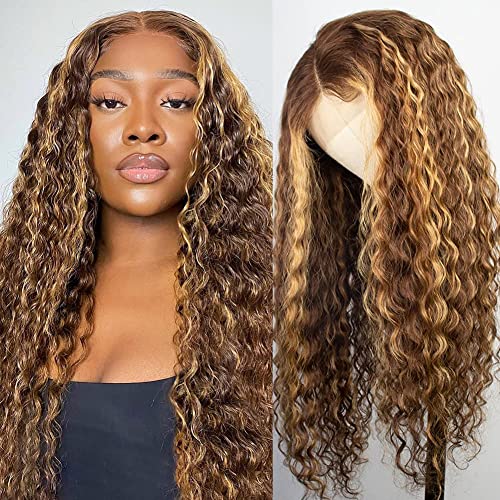 Ombre Honey Blonde Wear and Go Glueless Deep Curly Wave Lace Front Wigs Human Hair Highnight HD Lace Front Wigs Human Hair 4/27 Frontal Wigs Human Hair Curly Wigs 200% Density 16 Inch