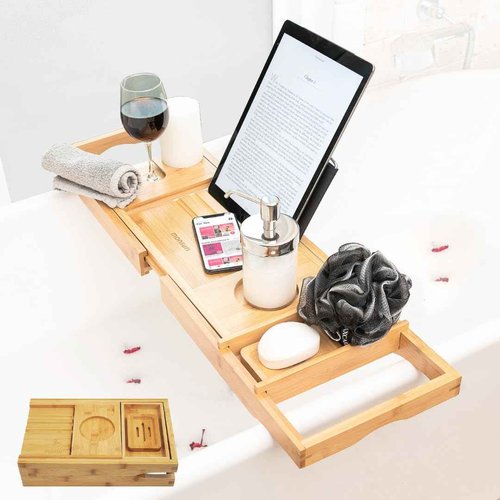Foldable Bamboo Bathtub Tray Caddy - Expandable Bath Tray for Tub | Secure, Non-Slip Bathtub Caddy Tray for Tub for Bath Accessories, Bath Stuff – Perfect Relaxing Gifts for Women and Spa Gift Set