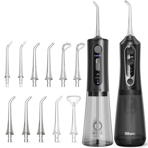 Bitvae Water Dental Flosser Bundle, Cordless Water Teeth Cleaner Picks for Travel with, USB Rechargeable Oral Irrigator with 3 Modes 5 intensities, Black & Black