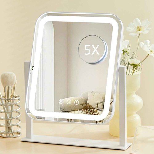 HIEEY Vanity Mirror with Lights, Makeup Mirror with Lights, Three Color Lighting Modes, and 5X Magnification Mirror, Smart Touch Control, 360°Rotation (14.1" x 12" White,Gift Box)