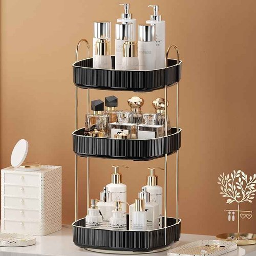 CESTATIVO 360° Rotating Makeup Organizer, Spinning Bathroom Organizer Countertop, Large Capacity Cosmetics Skincare Organizer for Bathroom Vanity Dresser Table (Black, 3 Tiers)