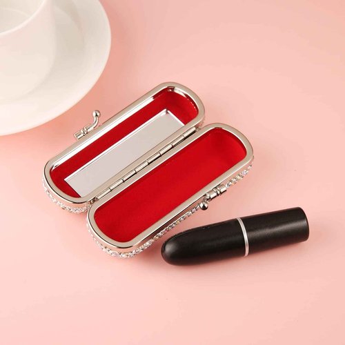 AsAlways Shiny Rhinestone Crystal Portable Lipstick Case with Mirror Portable Bling Diamonds Makeup Cosmetic Storage Holder for Travel Ladies Fashion (Silver)