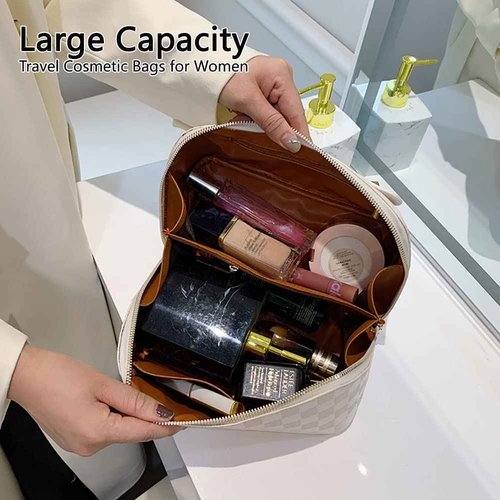 Niumike Large Capacity Travel Cosmetic Bags for Women - PU Leather Small Cute Plaid Checkered Makeup Bag Organizer Waterproof Portable Travel Toiletry Bag (Pink)
