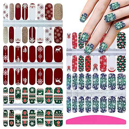 SILPECWEE 5 Sheets Christmas Nail Polish Strips Self-Adhesive Nail Stickers Full Nail Wraps Holiday Nail Decals Gel Nail Strips Nail Art Accessories with Nail File (Chic Style)