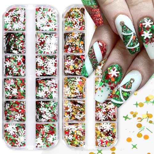 SILPECWEE 2 Boxes Christmas Nail Art Glitter Sequins 3D Holographic Nail Stickers Decals Snowflake Glitter Nails Design Mix Color Confetti Glitter for DIY Nail Art Decoration