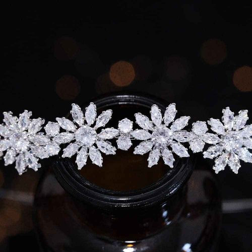 Aoligrace Cubic Zirconia Floral Wedding Bride Headband Zircon Prom Party Headpiece for Women CZ Bridal Tiara Hair Accessories