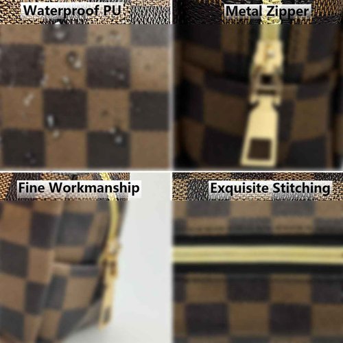 bopomofo Brown Checkered Cosmetic Bag 3 Pack,1 Big Pouch,1 Makeup Brushes Holder, 1 Coin Purse,Portable Travel Makeup Bag Set Lightweight and Waterproof Storage Bag Organizer (Brown Checkered 3 Pcs)