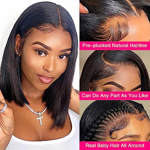 Bob Wig Wear and Go Glueless Wigs Brazilian Virgin Bob Wig Human Hair with Baby Hair 180 Density 13x4 Lace Front Wigs Human Hair Pre Plucked Glueless Wig 16 inch Natural Color