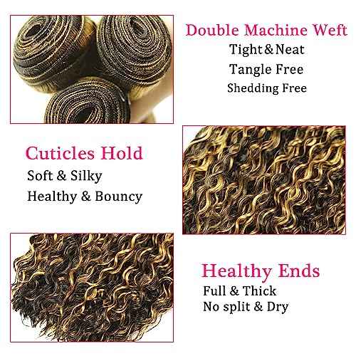 P1B27 Highlight Blonde Human Hair Bundles Honey Blonde Kinky Curly 3 Bundles 14 16 18 inch Vinmdonm 2 Tone Black and Blonde Highlight Bundle