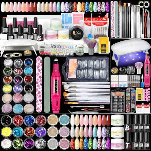 Acrylic Nail Kit for Beginners with Everything 3pc Professional Acrylics Powder 6pcs Gel Nail Polish 18pcs Glitter Decoration Powder Nails Kit Acrylic Set with Tips Nail Light and Drill DIY Gifts