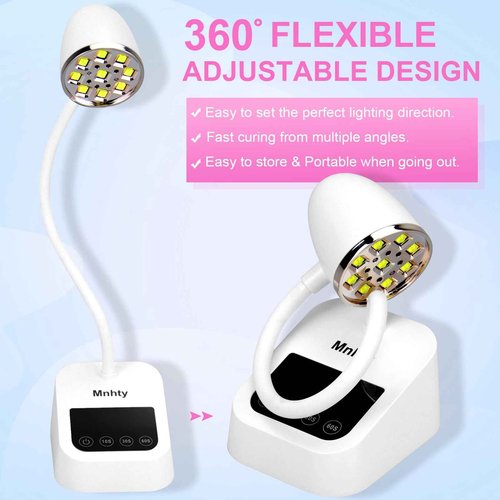 Mnhty U V LED Nail Lamp, Goose Neck Flash Cure Lamp 27W Rechargeable Mini U V Light for Gel Nails, Cordless Flash Cure Light with 3 Timers&Sensor, Fast Curing Gooseneck Lamps for Gel X, Snow White