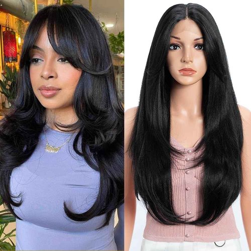 JOEDIR HAIR Synthetic Lace Front Wig for Women Long Layered Hair Wig with Curtain Bangs 24 inch Long Straight Black Hair Wig for Daily Party Cosplay (Color:1B)