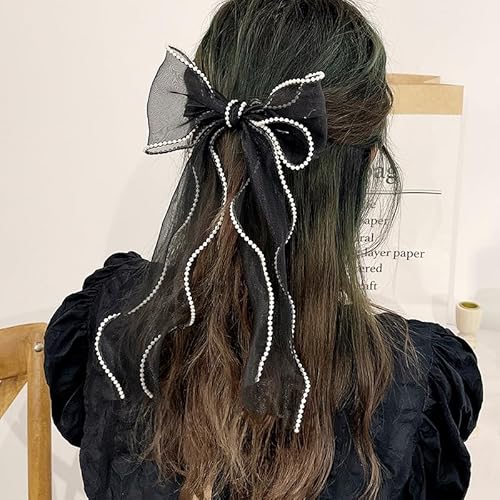 Black Hair Bow for Women Girls Long Ribbon Bowknot Spring Hair Clips for Thick Curly Hair French Big Organza Bow Ponytail Holder Nonslip Pearl Hair Barrette Snap Hairpins Sweet Hair Accessories