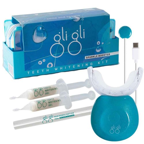 GLI GLI Sparkle Booster Teeth Whitening Kit - 2 x 5ml Pap Whitening Gel Syringes - Includes Rechargeable LED Whitening Device, Shade Guide & Remineralization Pen - 10 to 15 Days Treatment
