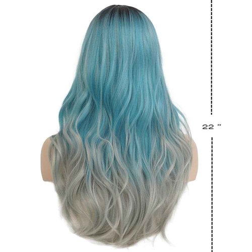 Siudus Ombre Blue Curly Wigs for Women Dark Root Long Wavy Middle Part Hair Wig Heat Resistant Fibre Cosplay Costume Halloween Wig