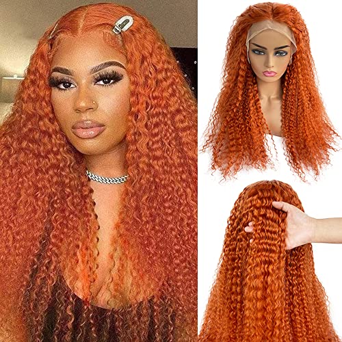 Curly Lace Front Wigs 24 Inch Ginger Deep Wave Real Human Hair Lace Frontal Wigs for Black Women Pre Plucked Hairline with Baby Hair 13x1 Middle Part Remy Hair Lace Wig with Baby Hair 150% Density