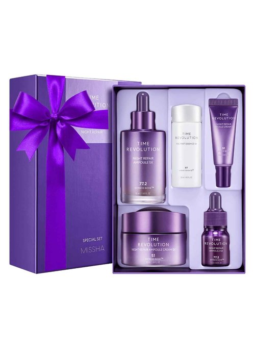 MISSHA Time Revolution Night Repair 5X Gift Set Night Repair Ampoule and Cream 5X, The First Essence 5X for Youthful, Glass Skin, Korean Skin Care