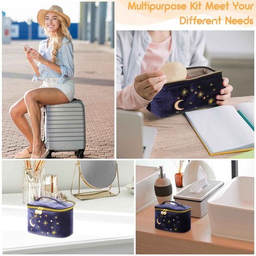 Patelai 2 Pcs Velvet Stars Makeup Bag Cosmetic Bag Handy Travel Starry Makeup Pouch Portable Embroidered Pouch Toiletry Wash Bag Cute Storage Bag Clutch Handbags(Navy,Sun Moon)