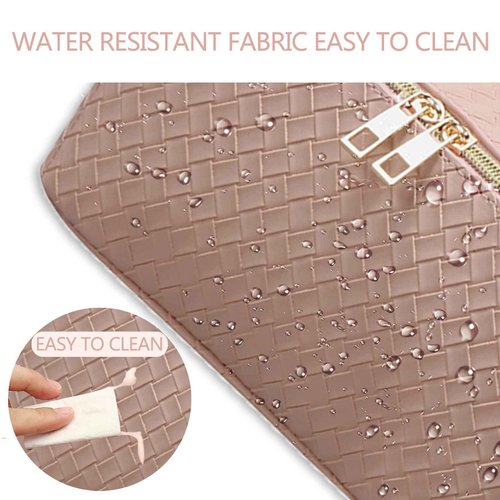 BAKLUCK Travel Cosmetic Bag with Compartments - Large Capacity, Lay Flat, Pink Checkered Pattern PU Leather Portable Makeup Bag for Women & Girls