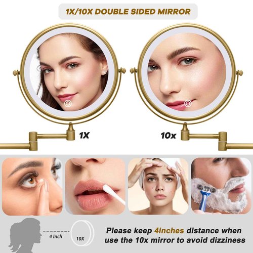 LEDOOLE Wall Mounted Lighted 8 Inches Rechargeable Double-Sided 1X/10X Magnifying Mirror for Makeup, 3 Colors Led, Touch Dimmable, Memory Function, 360 Rotation, Foldable, Brushed Antique Brass