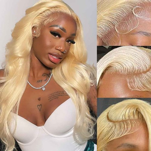 GOMOST Blonde Lace Front Wig - Human Hair, 13x4 Inches, 24 Inches Long, Body Wave, 180% Density, Pre-Plucked, Glueless, 613 Frontal