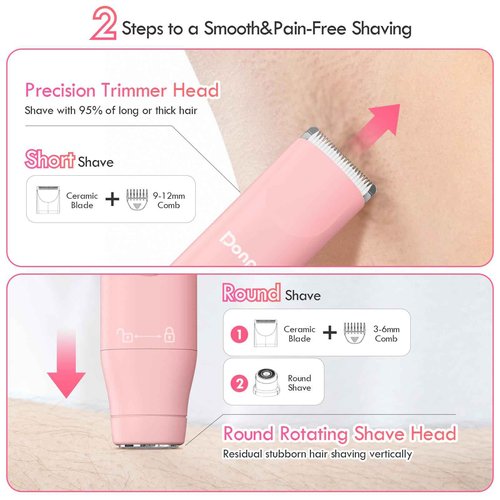 Donper Bikini Trimmer for Women, 2 in 1 Electric Razors for Shower&Travel, IPX7 Waterproof Pubic Hair Remover for Underarm, Legs & Bikini Area, Painless Razor,Hypoallergenic Foil & Ceramic Blades