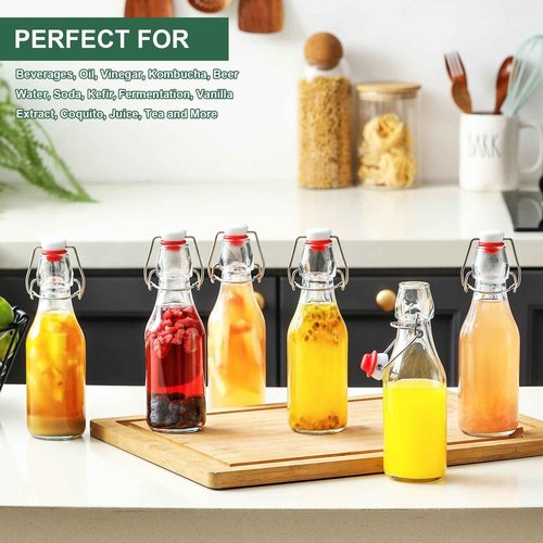 8-Pack 8.5oz Flip Top Glass Bottles, Swing Top Beer Brewing Bottle for Fermentation, Kombucha, Kefir, Vanilla Extract, Coquito, Juice, Soda, Tea - Airtight Stopper Cap Lid, Bonus 2 Bottle Pourers