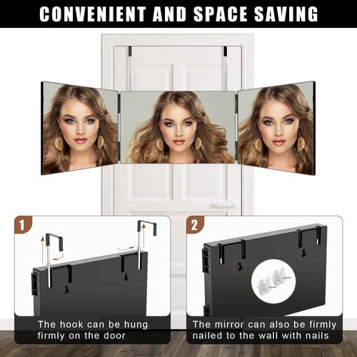 OLIBUY 3 Way Mirror for Hair Cutting, Three Way Mirror for Shaver and Makeup, Height Adjustable with Two Hold Nails, 360 Viewing Angle, Clear Anti-Fog HD Glass