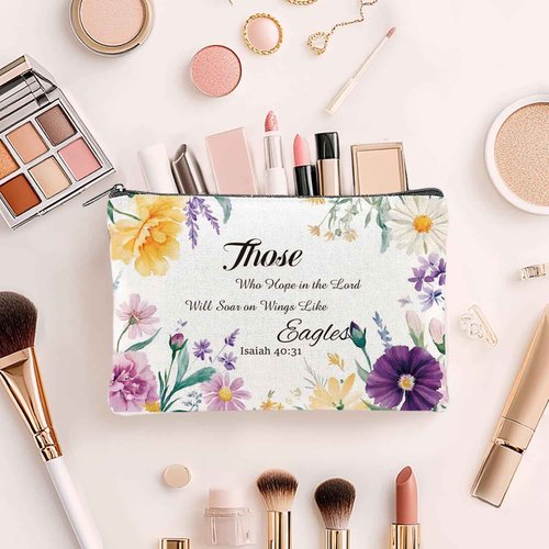 twinklemon 24PCS Christian Canvas Makeup Bags Bulk Inspirational Cosmetic Bags for Women Bible Verse Canvas Zipper Pouch Bulk Religious Makeup Organizer Bags Christian Gifts for Women(Flower)