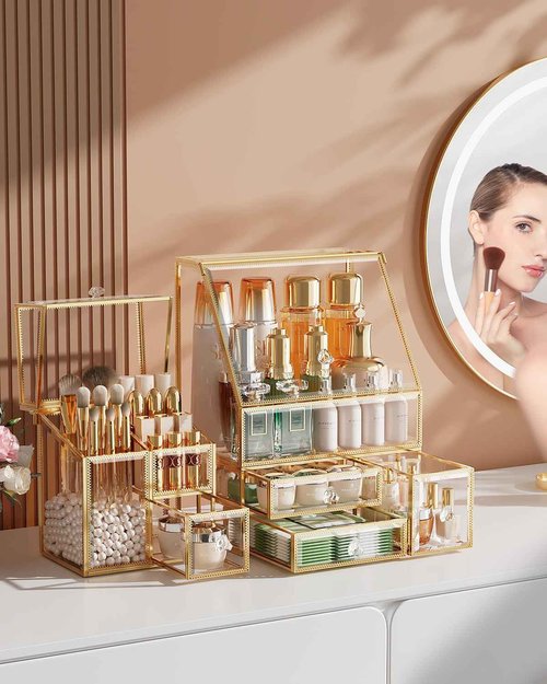 CoralHouse Clear Makeup Organizer with Gold Frame – Countertop Vanity Organizer for Skincare, Lipsticks, Perfume & Brushes – Bathroom Cosmetic Storage Display Box