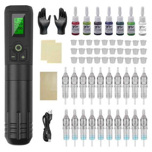 GEEKERA Wireless Tattoo Machine Gun Kit, Rotary Tattoo Pen Professional Kit with 2000mAh Battery Supply, 20 Tattoo Cartridge Needles, 7 Colors Ink, Practice Skin, Complete Set for Beginners and Artist