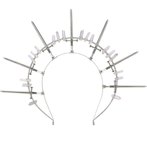 COSUCOS Fantasy Halo Crown Headband - Virgin Mary Headpiece Renfaire Goddess Headband Silver Crystal Gothic Tiara Cosplay Hair Accessory Photoshoot Theme Party with Swords Renaissance Halloween