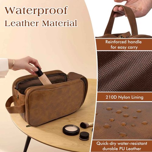 RPBHY Premium Toiletry Bag for Men, Large Leather Dopp Kit Travel Organizer, Water-Resistant Shaving Bag for Business, Brown Gift for Him
