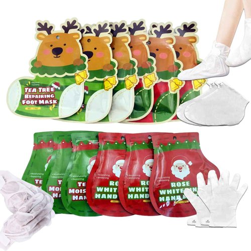 Foot Mask Hand Mask Christmas Gifts Hydrating Moisturizing 12 Packs Gloves & Socks Intensive Repairing Masks Peeling Mask for Women Dry Cracked Set Coconut Oil Tea Tree Extract Elitzia ETXJ2409