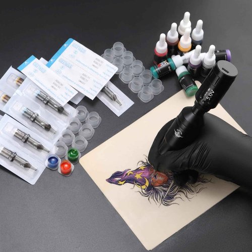Beginners Tattoo Gun Machine Kit, Wireless Tattoo Pen Kits with 2Pcs Power Supply, Professional Complete Tattoo Supplies Set with 20Pcs Cartridge Needles for Starter (81Pcs)
