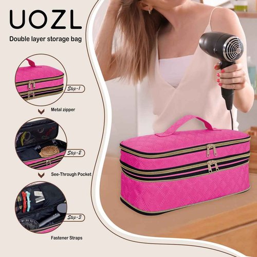 UOZL Hair Dryer Curling Iron Storage Bag, Travel Carrying Case, Slim Expandable Handheld Dual-Layer Travel Storage Bag for Dryer/Hair Tool Organizer/Style Organizer (Rose Red)