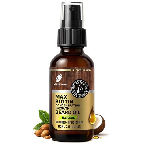 Beard Growth Oil for Men - Natural Biotin Beard Oil with Castor, Vitamin B5 & Grape Seed to Soften, Nourish & Thicken Facial Hair - Conditioning, Moisturizing Grooming Oil, 2oz Gift for Men, Unscented