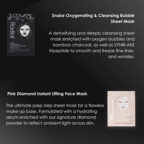 Rodial At Home Facial Edit, Snake Oxygenating & Cleansing Bubble Mask, Pink Diamond Lifting Face Mask, Vit C Energising Face Mask, Dragon’s Blood Jelly Eye Patches, Bee Venom Jelly Eye Patches