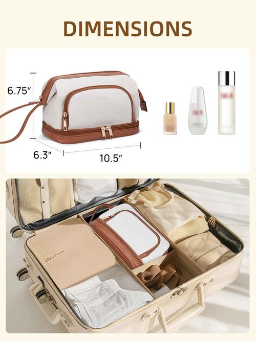 Telena Makeup Bag Large Capacity Travel Cosmetic Bags Double Layer Portable Leather Make Up Bag for Women Beige with Brown