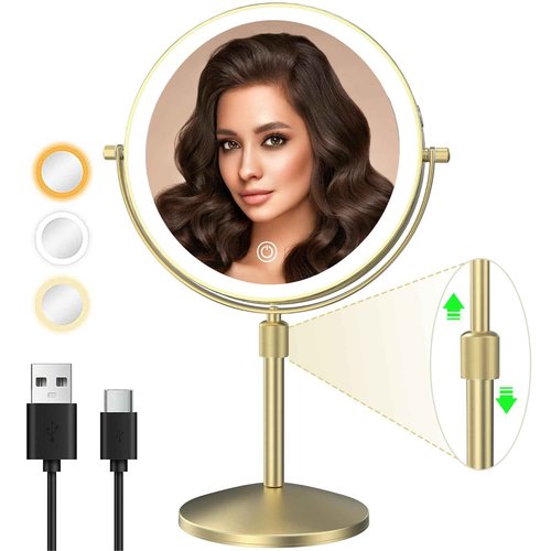 MIROAMZ 8" Lighted Makeup Mirror, 1X/10X Magnification, Double Sided Dimmable, Rechargeable & Height Adjustable, Cordless Vanity Mirror (Gold)