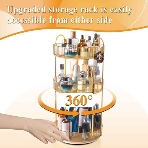 Megapuxin Makeup Organizer for Vanity,360° Rotating Large Skincare Make Up Storage Perfume Organizers Cosmetic Dresser Organizer Countertop Organizer with Extra Hooks DIY Stickers for Bathroom