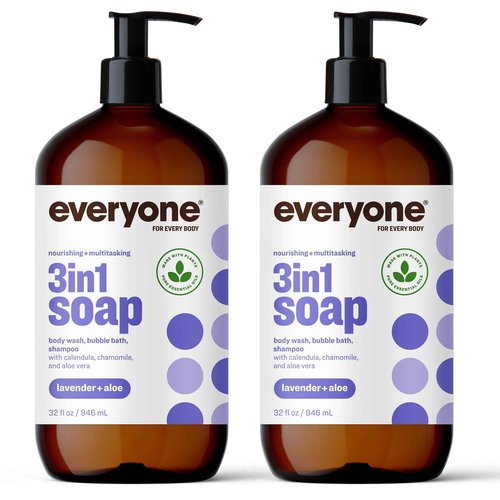 Bundle of Everyone 3-in-1 Soap, Body Wash, Bubble Bath, Shampoo, 32 Ounce (Pack of 2), Lavender and Aloe+ Everyone Nourishing Hand and Body Lotion, 32 Ounce (Pack of 2), Lavender and Aloe