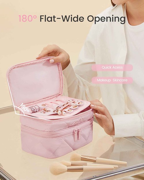LOVEVOOK Travel Makeup Bag,Large Open Flat Tolietry Bag for Women,Waterproof Portable Cosmetic Pouch,Double Layer Quilted Makeup Bag Organizer With Handle,Travel Essentials,Gift for Her