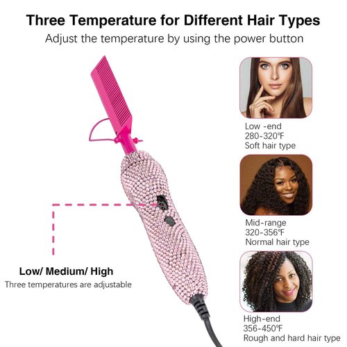 Deluxe Electric Hair Straightener and Curling Comb for Natural Hair and Wigs, 450°F Heat Pressing Comb with Anti-Scald Case (Pink)