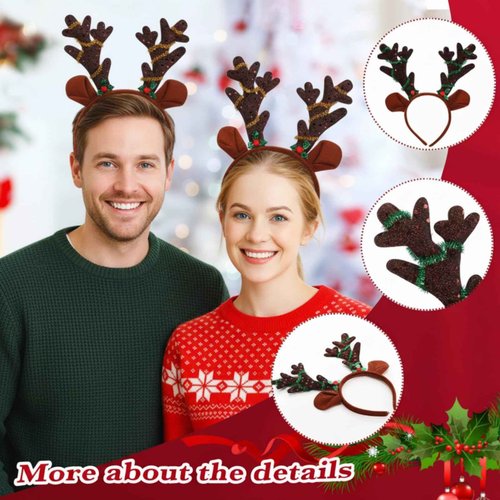 Yuxung 24 Pcs Christmas Reindeer Antlers Headband Bulk Sequined Reindeer Headwear Elk Headpiece for Xmas Party Costume Supply